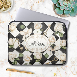 Monogram Vintage Rose Flowers Black White Diamond Laptop Sleeve