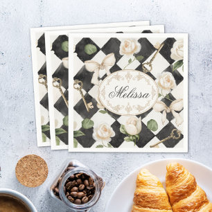 Monogram Vintage Rose Flowers Black White Diamond Napkin