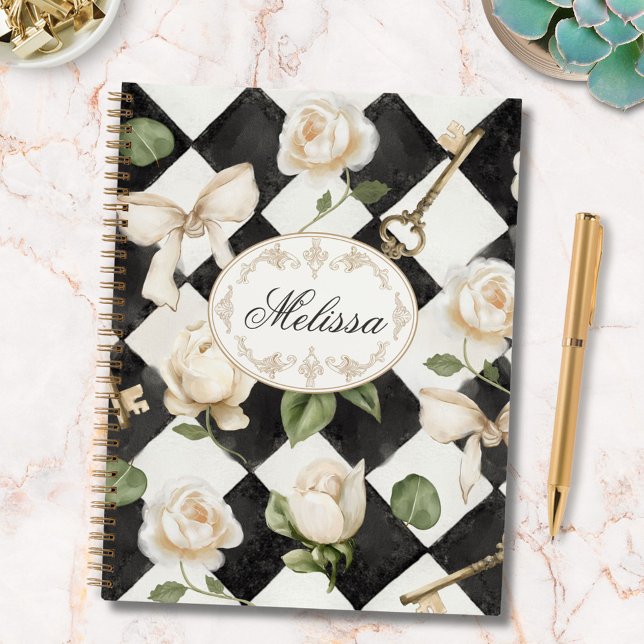 Monogram Vintage Rose Flowers Black White Diamond Notebook (In situ)