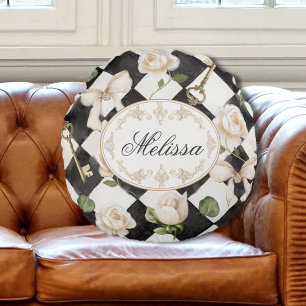 Monogram Vintage Rose Flowers Black White Diamond Round Pillow