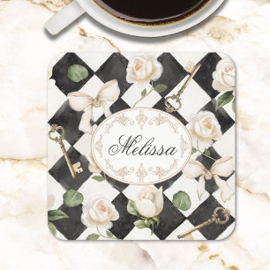 Monogram Vintage Rose Flowers Black White Diamond Square Paper Coaster