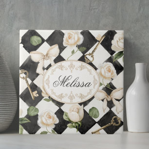 Monogram Vintage Rose Flowers Black White Diamond Tile