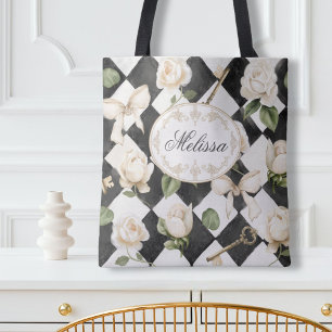 Monogram Vintage Rose Flowers Black White Diamond Tote Bag