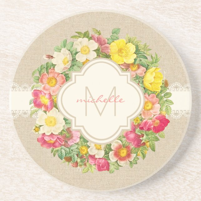 Monogram Vintage Roses Wreath Sandstone Coaster (Front)