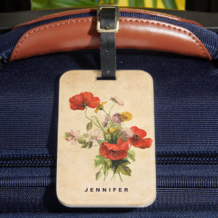 Monogram Vintage Rustic Bouquet Red Poppies Beige Luggage Tag