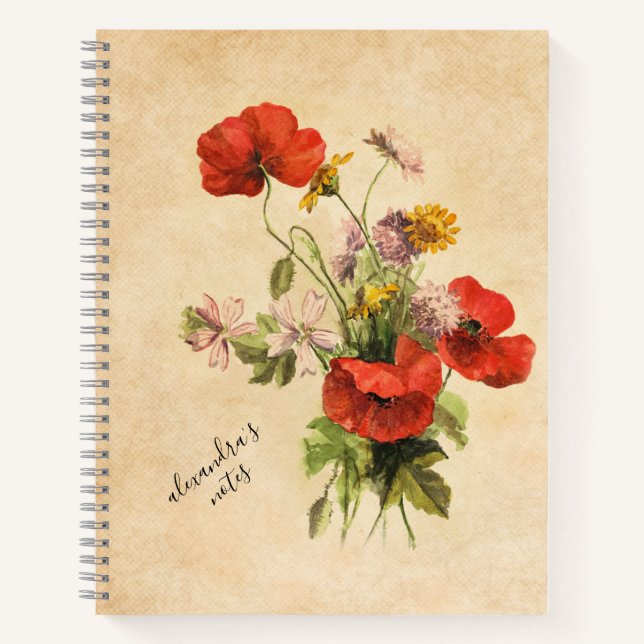 Monogram Vintage Rustic Bouquet Red Poppies Beige Notebook (Front)