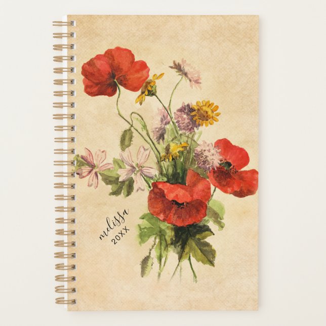 Monogram Vintage Rustic Bouquet Red Poppies Beige Planner (Front)