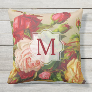 Monogram Vintage Victorian Roses Bouquet Flowers Outdoor Pillow