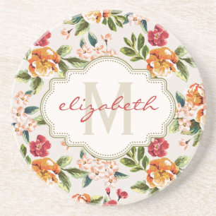Monogram Vintage Victorian Watercolor Floral Coaster