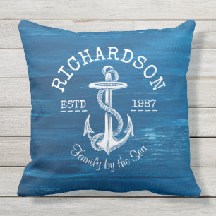 Monogram Vintage White Anchor Blue Painted Wood Outdoor Pillow