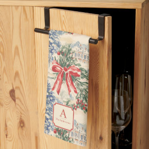 Monogram Vintage Winter Village Christmas Red Bow Kitchen Towel