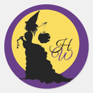 Monogram Vintage Witch Against Moon Halloween Classic Round Sticker