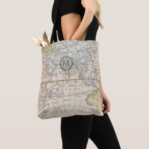 Monogram. Vintage World Map. Tote Bag