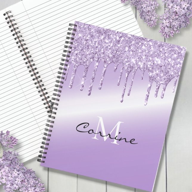 Monogram Violet Purple Dripping Glitter Metallic Notebook (Creator Uploaded)
