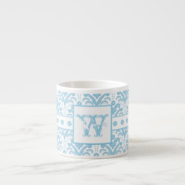 Monogram W Blue Green Elegant Damask Pattern Espresso Cup (Front)