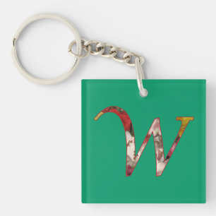 Monogram W Floral Design Keychain