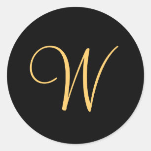 Monogram W,  gold coloured initial W on black,  Classic Round Sticker