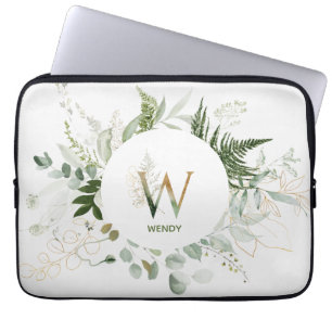 Monogram W Green Elegant Wreath Laptop Sleeve