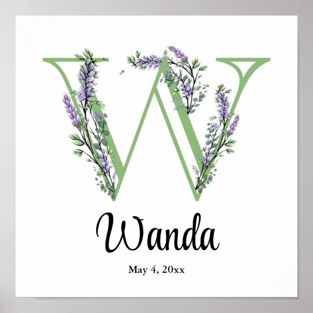 Monogram W Lavender Eucalyptus Poster pépinière (Devant)
