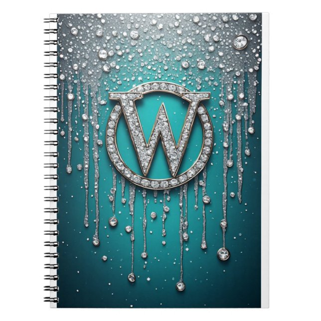 Monogram W on Teal Dripping Glitter Notebook (Front)
