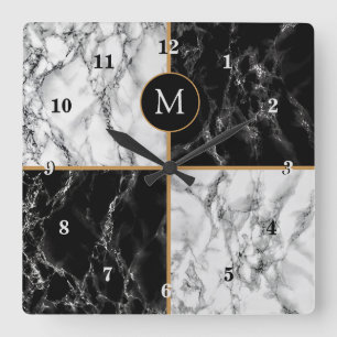 Monogram Wall Clock with Black White Marble