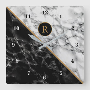 Monogram Wall Clock with Black White Marble Stone