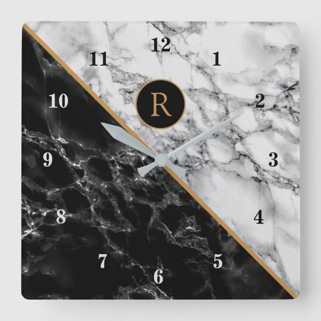 Monogram Wall Clock with Black White Marble Stone (Front)