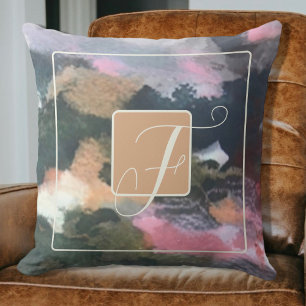 Monogram watercolor abstract brown orange pink  throw pillow