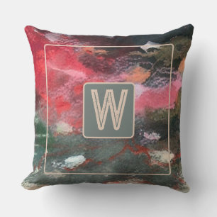 Monogram watercolor abstract green red pattern  throw pillow