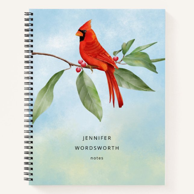 Monogram Watercolor Blue Green Red Cardinal Bird Notebook (Front)