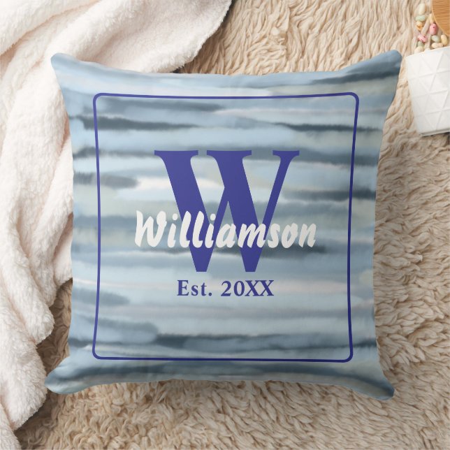 Monogram watercolor blue grey stripes nautical  throw pillow (Blanket)