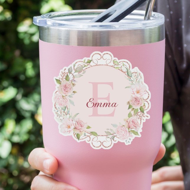 Monogram Watercolor Blush Pink Rose Flowers Floral (In situ)