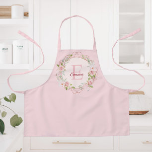 Monogram Watercolor Blush Pink Rose Flowers Floral Apron