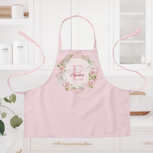 Monogram Watercolor Blush Pink Rose Flowers Floral Apron (In situ)