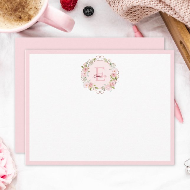 Monogram Watercolor Blush Pink Rose Flowers Floral Card (In situ)