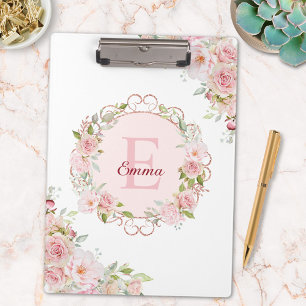 Monogram Watercolor Blush Pink Rose Flowers Floral Clipboard