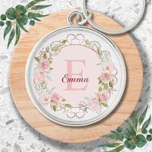 Monogram Watercolor Blush Pink Rose Flowers Floral Keychain
