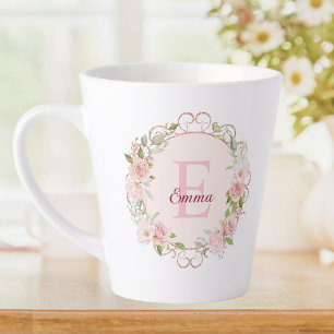 Monogram Watercolor Blush Pink Rose Flowers Floral Latte Mug