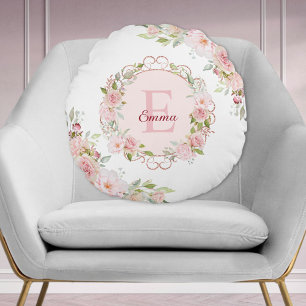 Monogram Watercolor Blush Pink Rose Flowers Floral Round Pillow