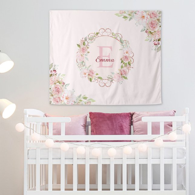 Monogram Watercolor Blush Pink Rose Flowers Floral Tapestry (In situ)