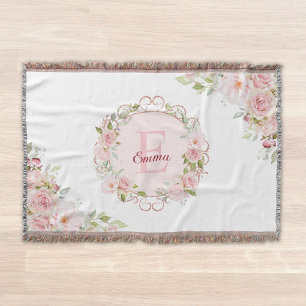 Monogram Watercolor Blush Pink Rose Flowers Floral Throw Blanket
