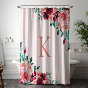 Monogram Watercolor Boho Pink Burgundy Rose Flower