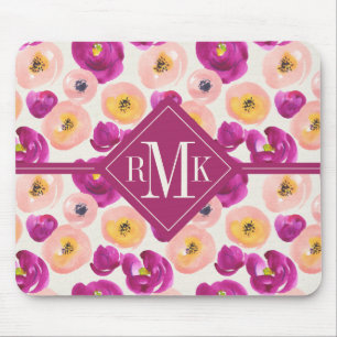 Monogram Watercolor Botanical Pattern Mouse Pad