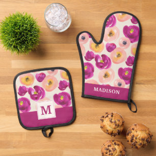 Monogram   Watercolor Botanical Pattern Oven Mitt & Pot Holder Set