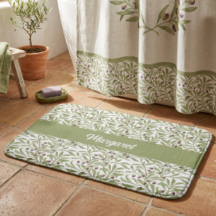 Monogram Watercolor Botanical Sage Green Olive  Bath Mat