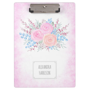 Monogram Watercolor Bouquet Pink Roses Blue Leaves Clipboard