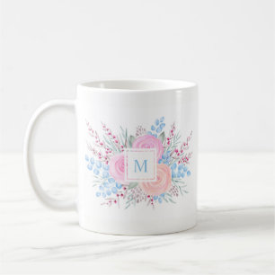 Monogram Watercolor Bouquet Pink Roses Blue Leaves Coffee Mug