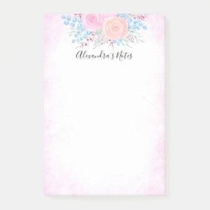 Monogram Watercolor Bouquet Pink Roses Blue Leaves Post-it Notes