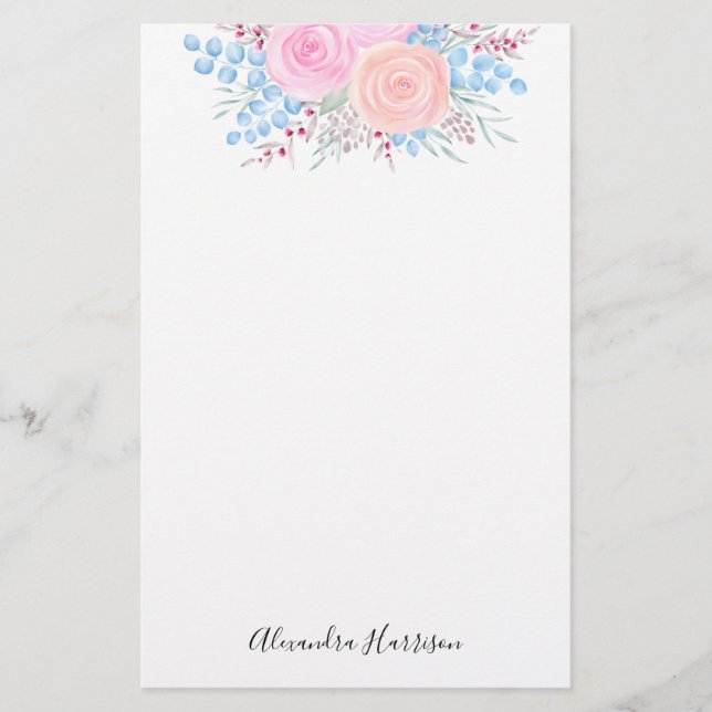 Monogram Watercolor Bouquet Pink Roses Blue Leaves Stationery (Front)