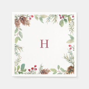 Monogram Watercolor Christmas Greenery Berry Napkin